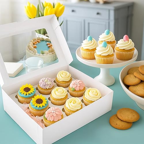 Miniatura 9 de VGOODALL 6 recipientes para cupcakes con ventana, soporte negro para cupcakes con inserto de caja de pastelería, 12 unidades con capacidad para 72