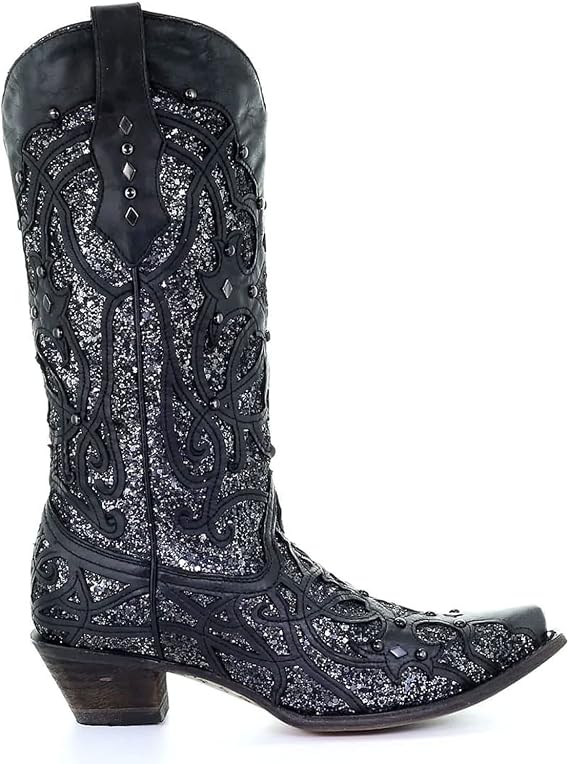 Corral Boots Womens Glitter Tooled Inlay Snip Toe Dress Boots Knee High Mid Heel 2-3