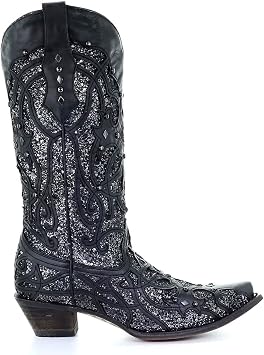 Corral Boots Womens Glitter Tooled Inlay Snip Toe Dress Boots Knee High Mid Heel 2-3