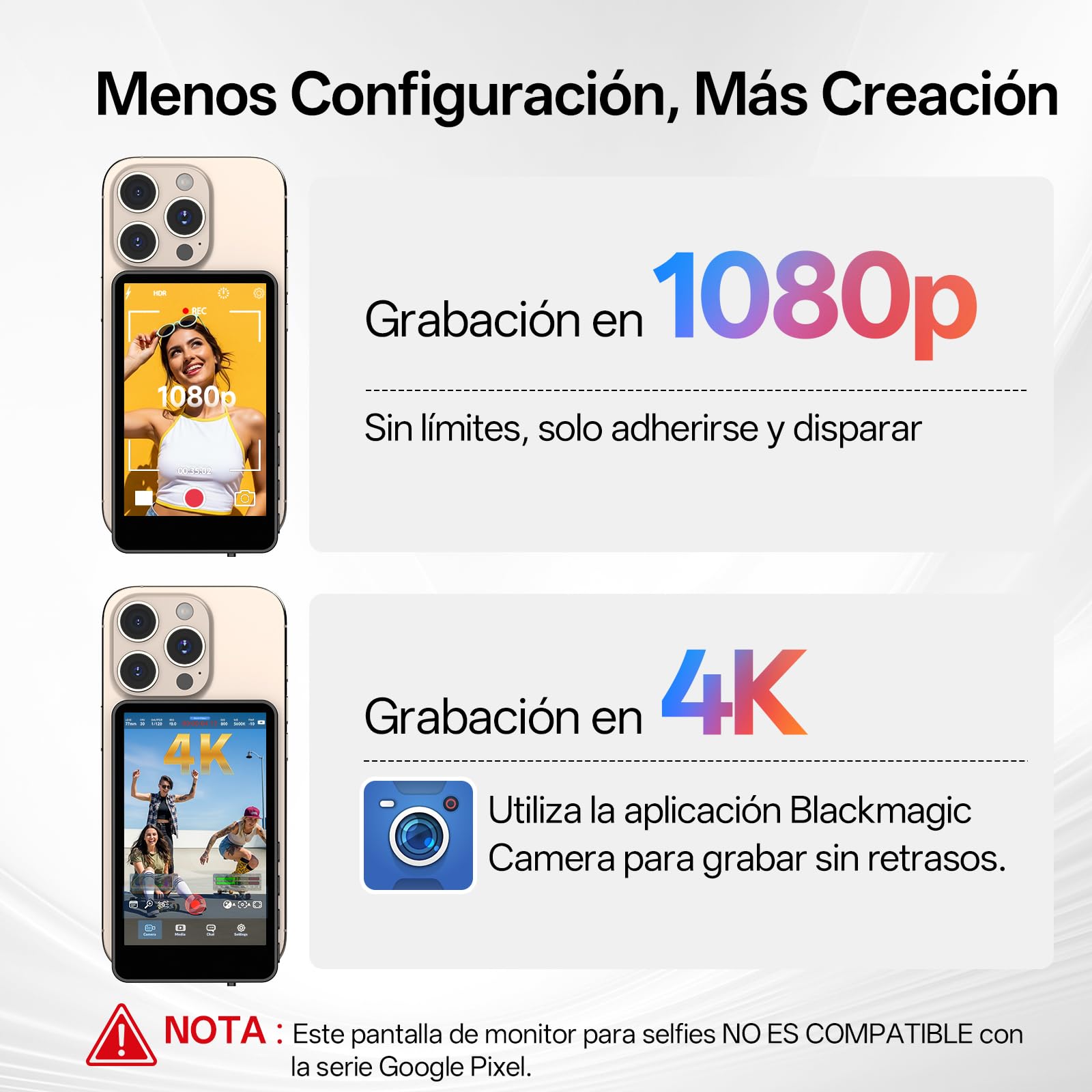 Moman Pantalla de Monitor Selfie 3,97" Inalámbrica Magnética para Móvil | Compatible con iPhone 7-17 y Android, 4K/1080p, 50m, Vista Previa en Tiempo Real para Vlog TikTok y Live - Blanco
