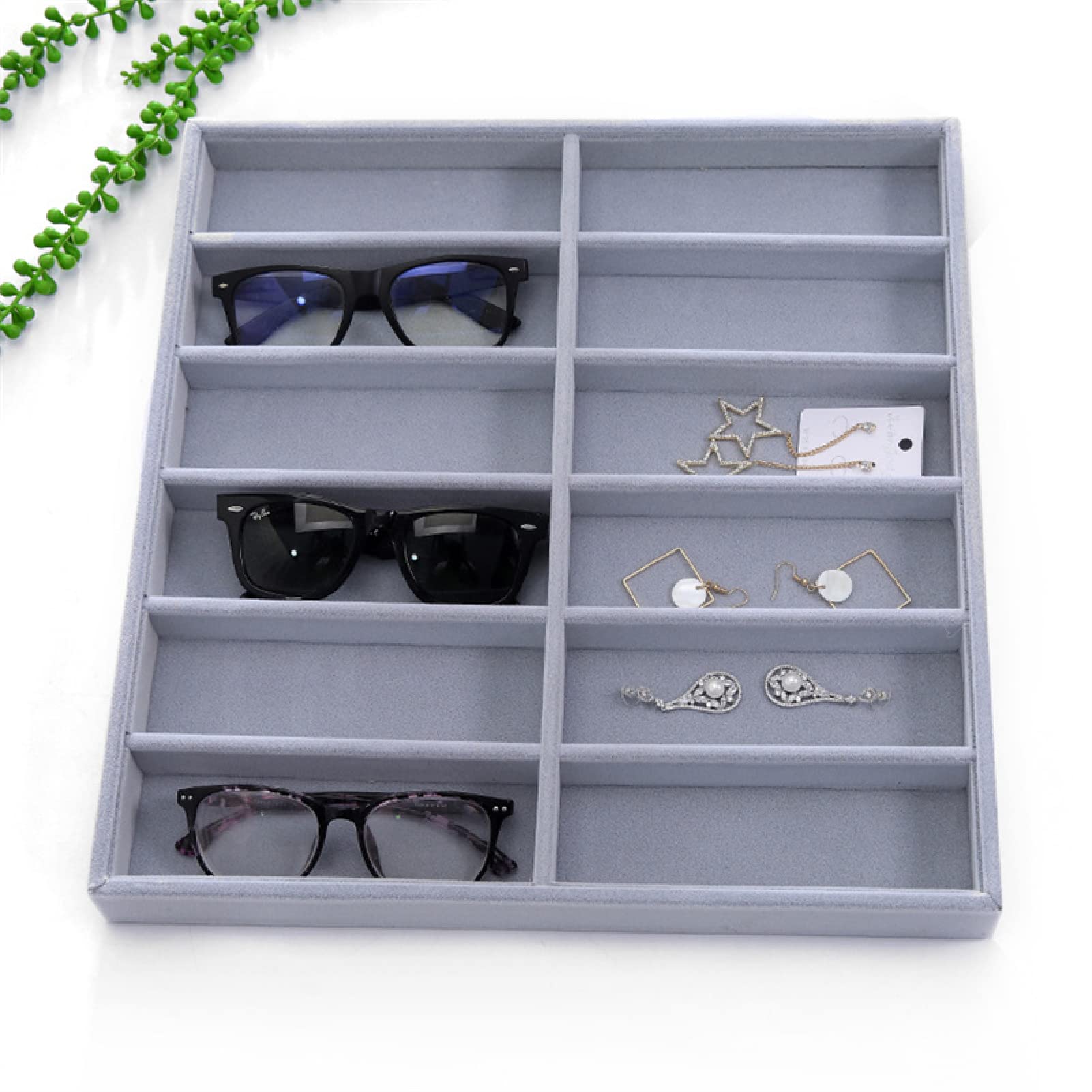Tiiyee Organizador de Gafas, Organizador Gafas Caja 12Rejillas para Gafas Sol Bandeja Exhibición Terciopelo Las Lentes Clasificación Sol la Almacenamiento Colección Joyas