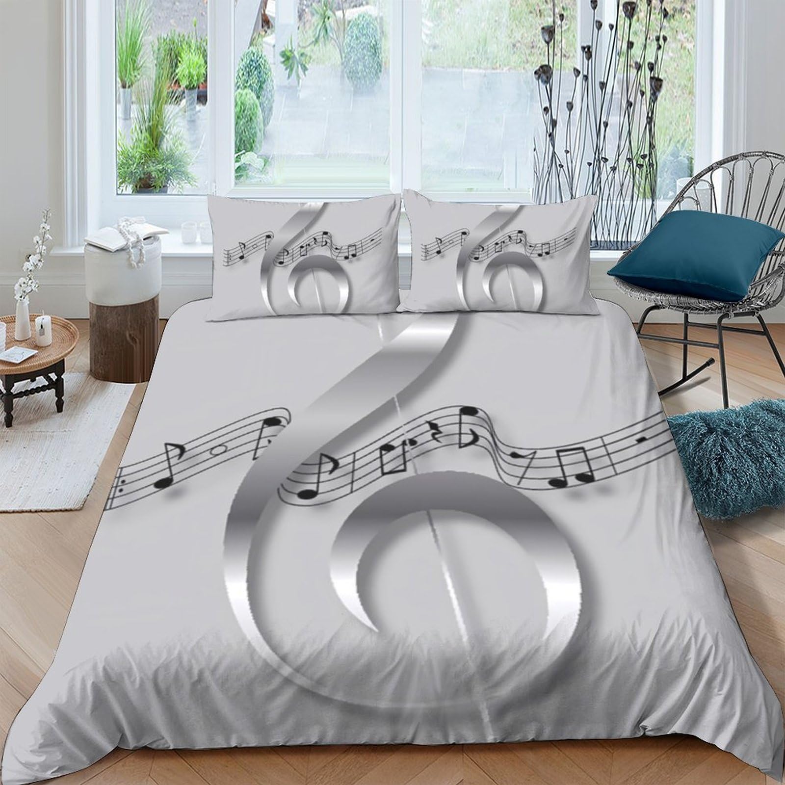 GPLZQXKJNH 3D Printed Silver Music Notes Duvet Cover Microfiber Soft Breathable Treble Clef Bedding Set with 2 Pillowcases for Bedroom Decor Single（135x200cm）