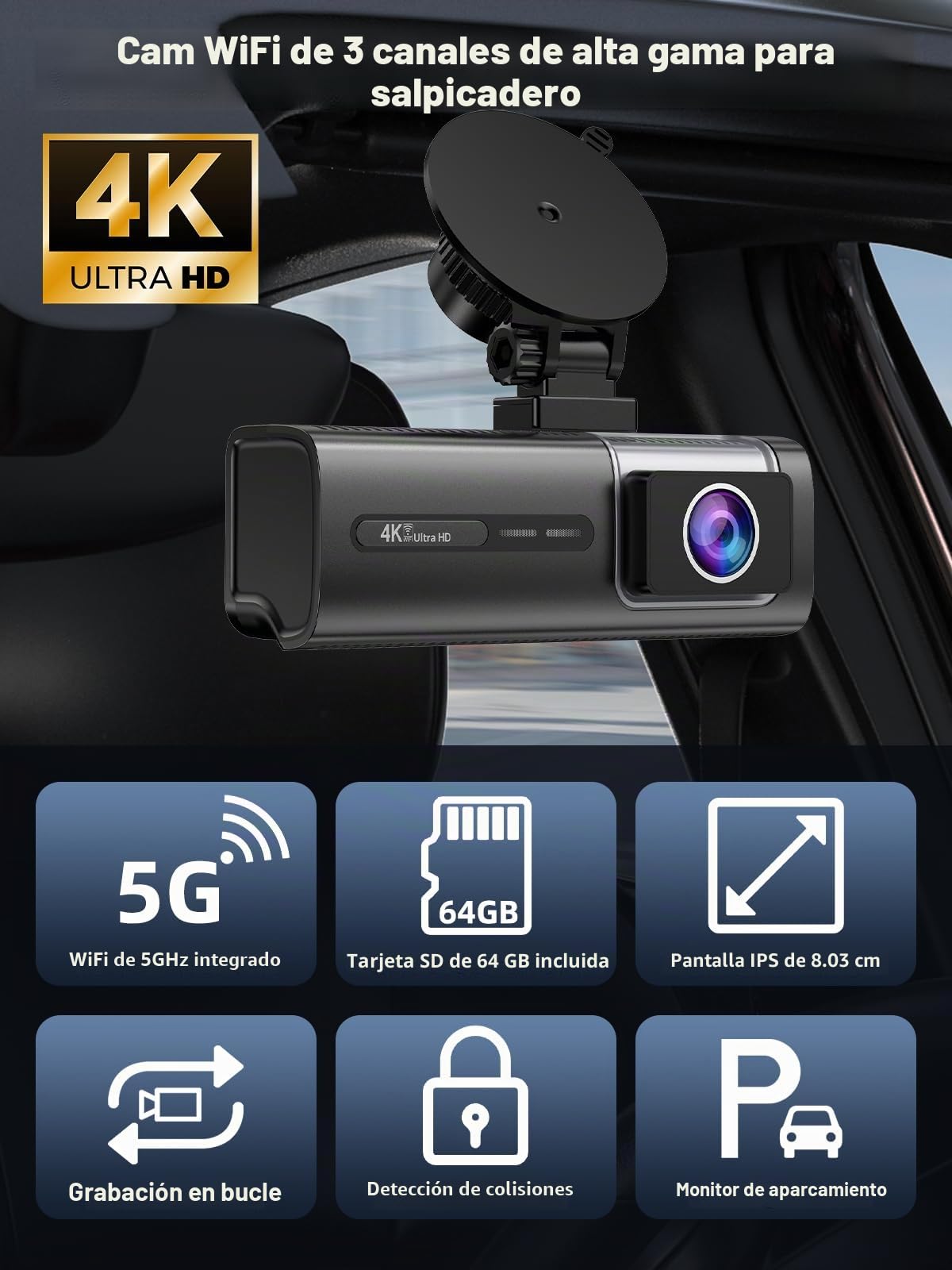 Dashcam Cámara Coche 4K+1080P, 5GHz WiFi Dash CAM Coche Frontal y Trasera con App, Tarjeta 64GB Gratis, Visión Nocturna, WDR, G-Sensor, Grabación en Bucle, Soporta Modo Parking 24H, MAX 128G