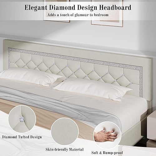 Miniatura 79 de BarnFurin - Base de cama matrimonial con cabecera capitoné, plataforma tapizada con diseño de diamante, base de colchón, soporte de listones de