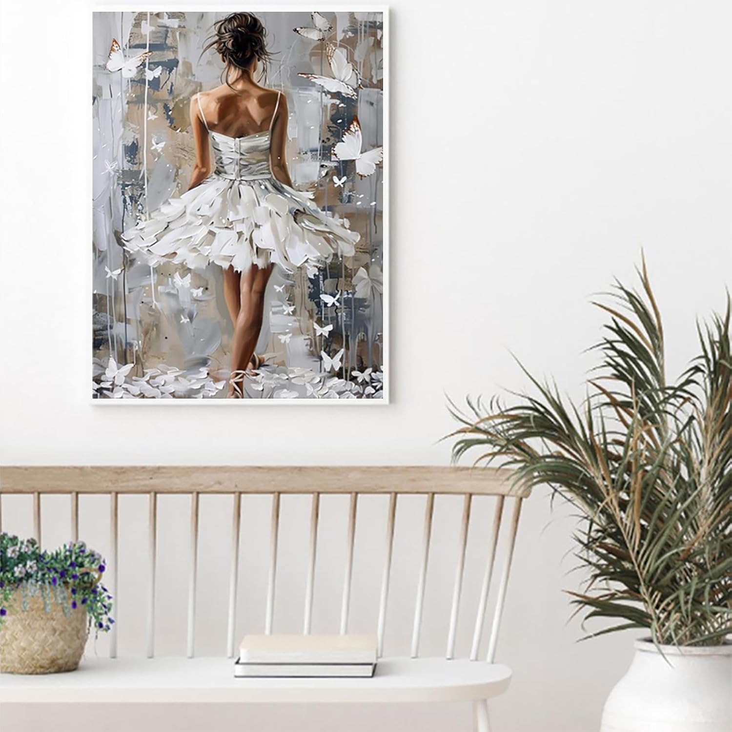 KAYEIUU 5D Diamond Art Painting A Ballerina Woman Back White Butterfly DIY Paint with Full Drill Round Diamond Gems Painting by Number Kits for Adults Art Craft Home Wall Decor 12x16inch