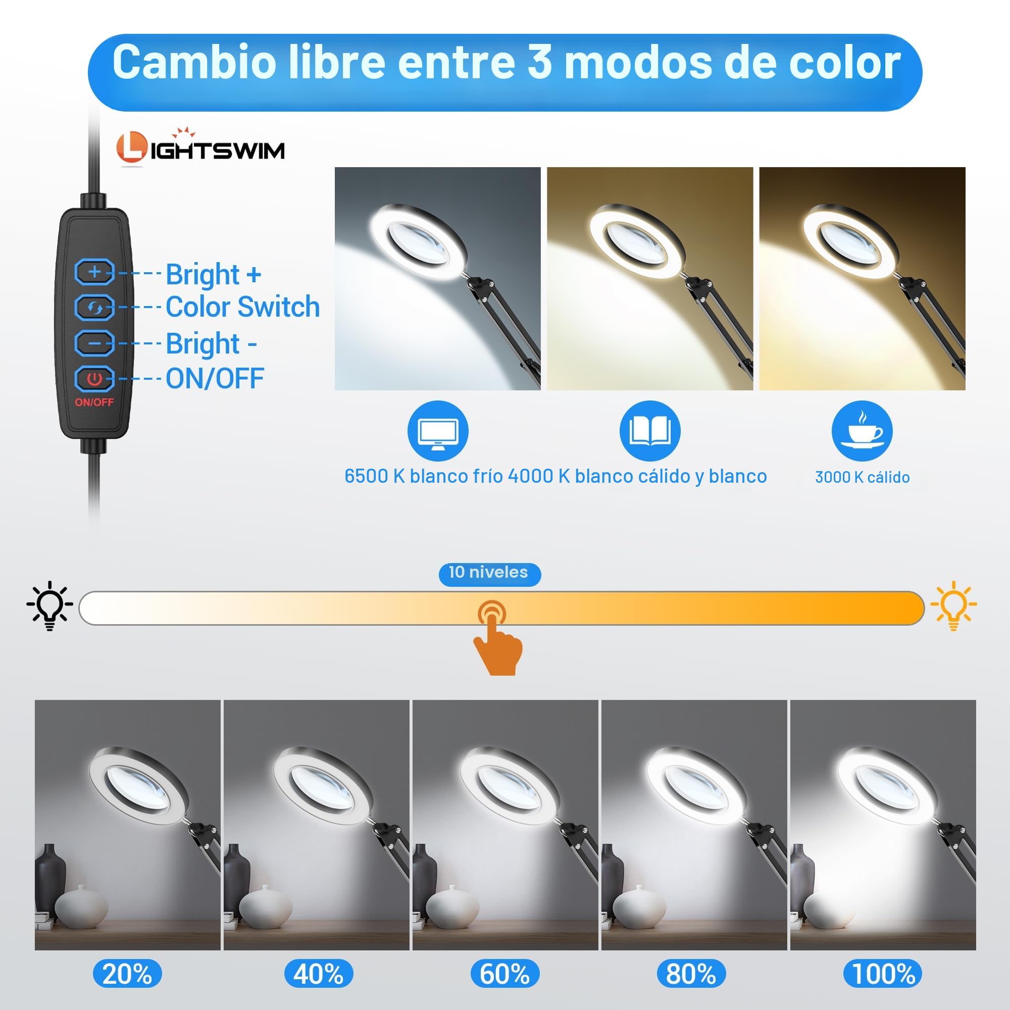 Lámpara de escritorio con lupa LED de 10 aumentos con abrazadera, lupa manos libres con 72 luces LED, 3 modos de color regulables, incluye dos lupas de joyería de 30 x 45 aumentos para trabajos