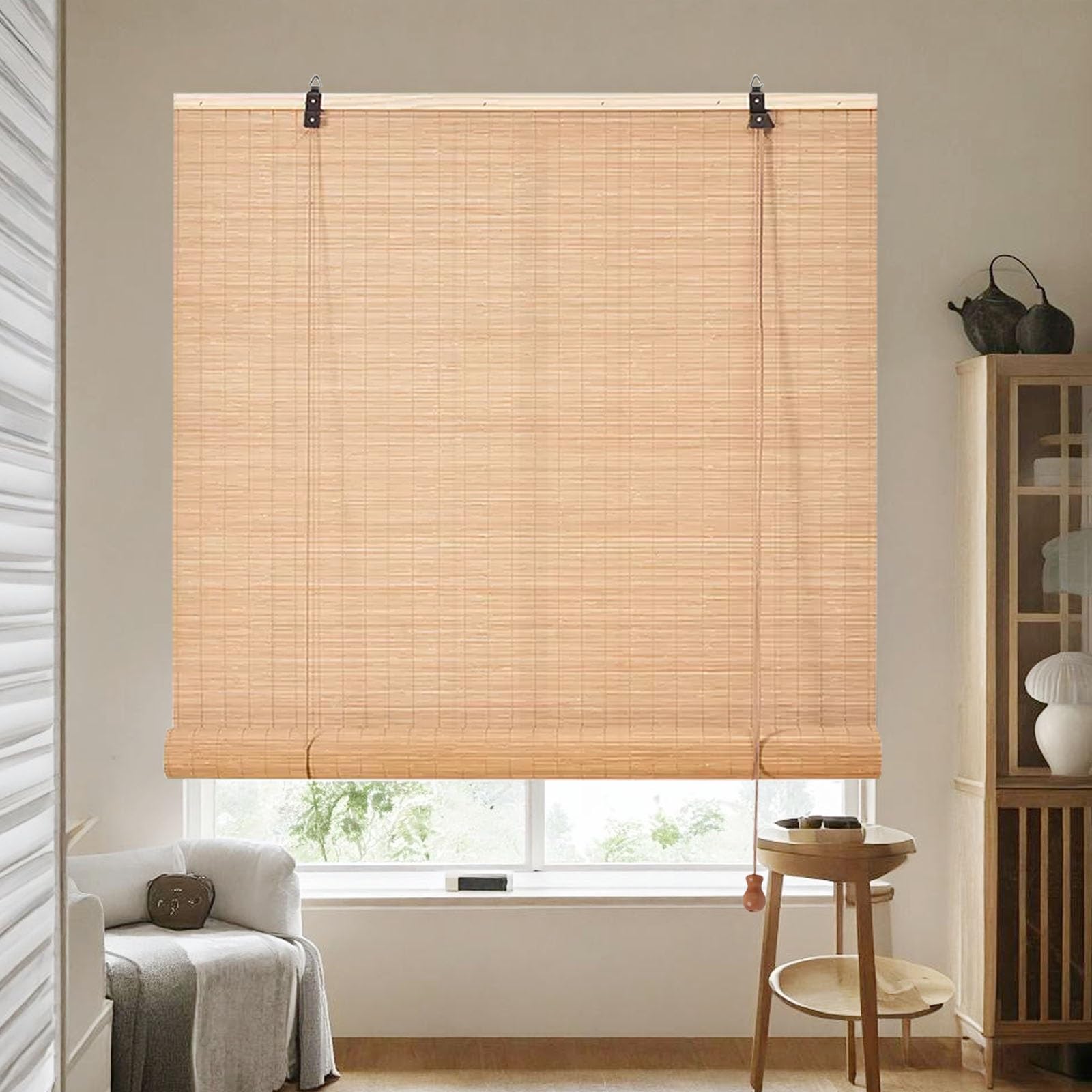 Rolgordijnen van natuurlijk bamboe, breedte 45-145 cm, Romeinse jaloezieën, lichtfilterend, ademend, zonwering, inkijkbescherming voor terrasdeuren, keuken, veranda, decoratief gordijn (0