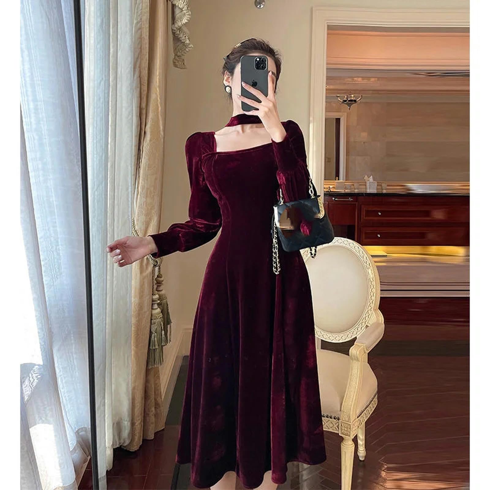 Vestito Donna Donne Vestito in Velluto Dorato Abito Inverno Autunnale-Rosso-XXL