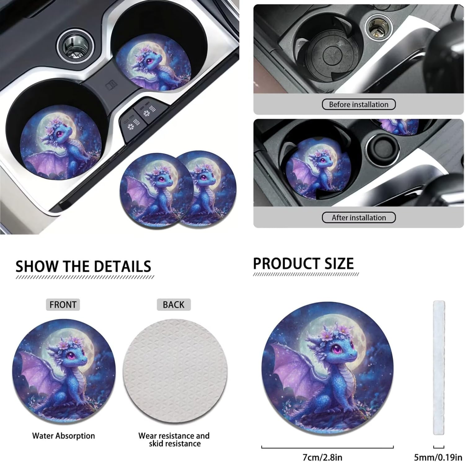 Dragon Car Seat Cover Set, 4 Front Rear Split Bench Seat Cushion, 1 Steering Wheel Wrap, 2 Gear Lever Cover Hand Brake Cover and 2 Seatbelt Pad Wrap, 2 Cup Holder Coaster, 11 Piece