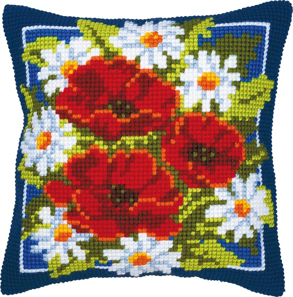 Vervaco Poppies in Blue Background Cross Stitch Cushion, Multi-Colour by Vervaco