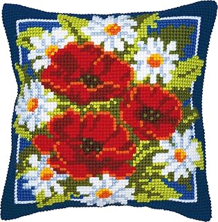 VERVACO Punto De Cruz Kit Cojin Decorativo FLORES ROJAS Manualidades Adultos Decoracion Bordar Kit Principiantes Completo DIY Bordado Creativo Regalo ca. 40x40 cm Cross Stitch Embroidery