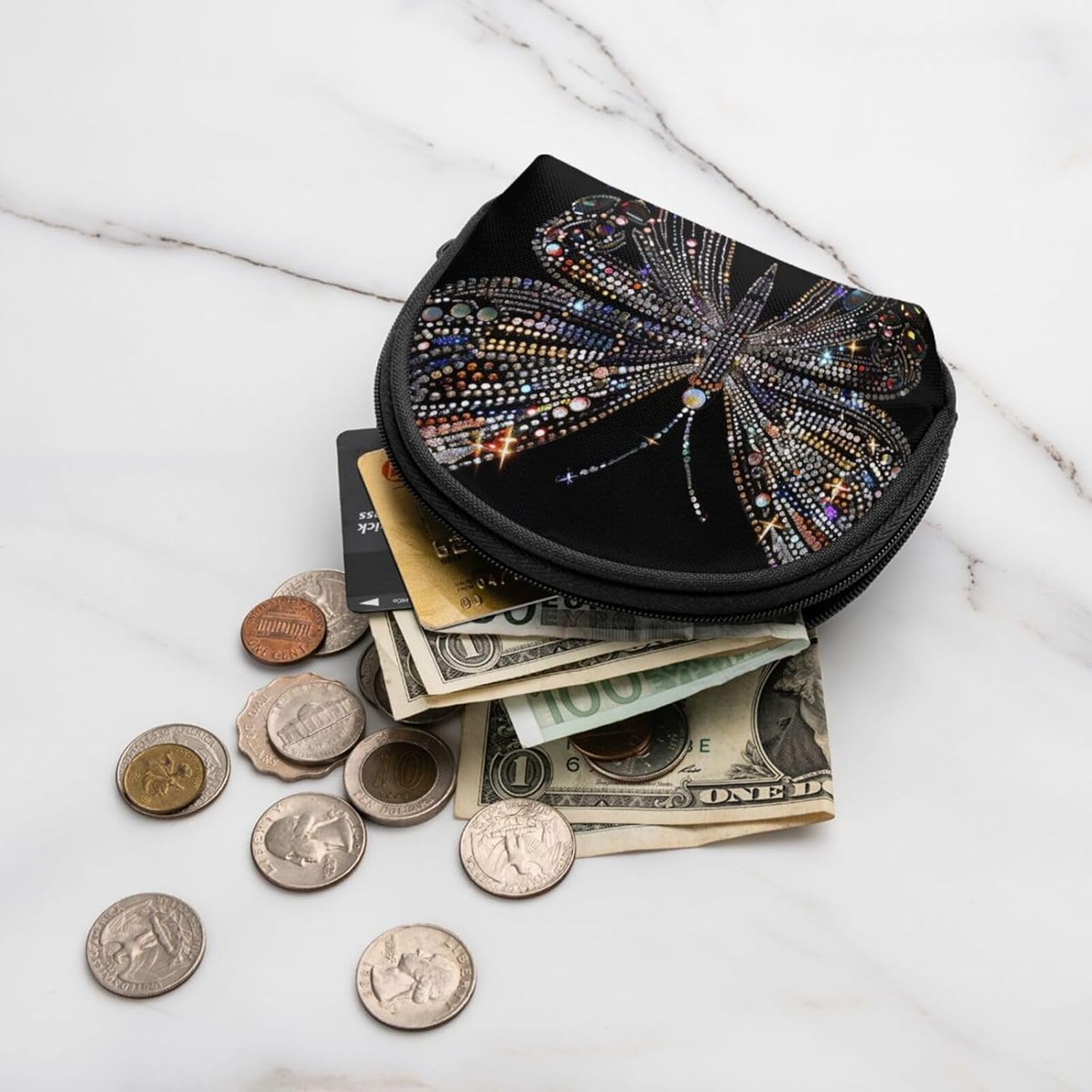Colorful Rhinestone Butterfly Printed Coin Purse for Women Cute Small Change Wallet Mini Coin Purses Pouch with Zipper