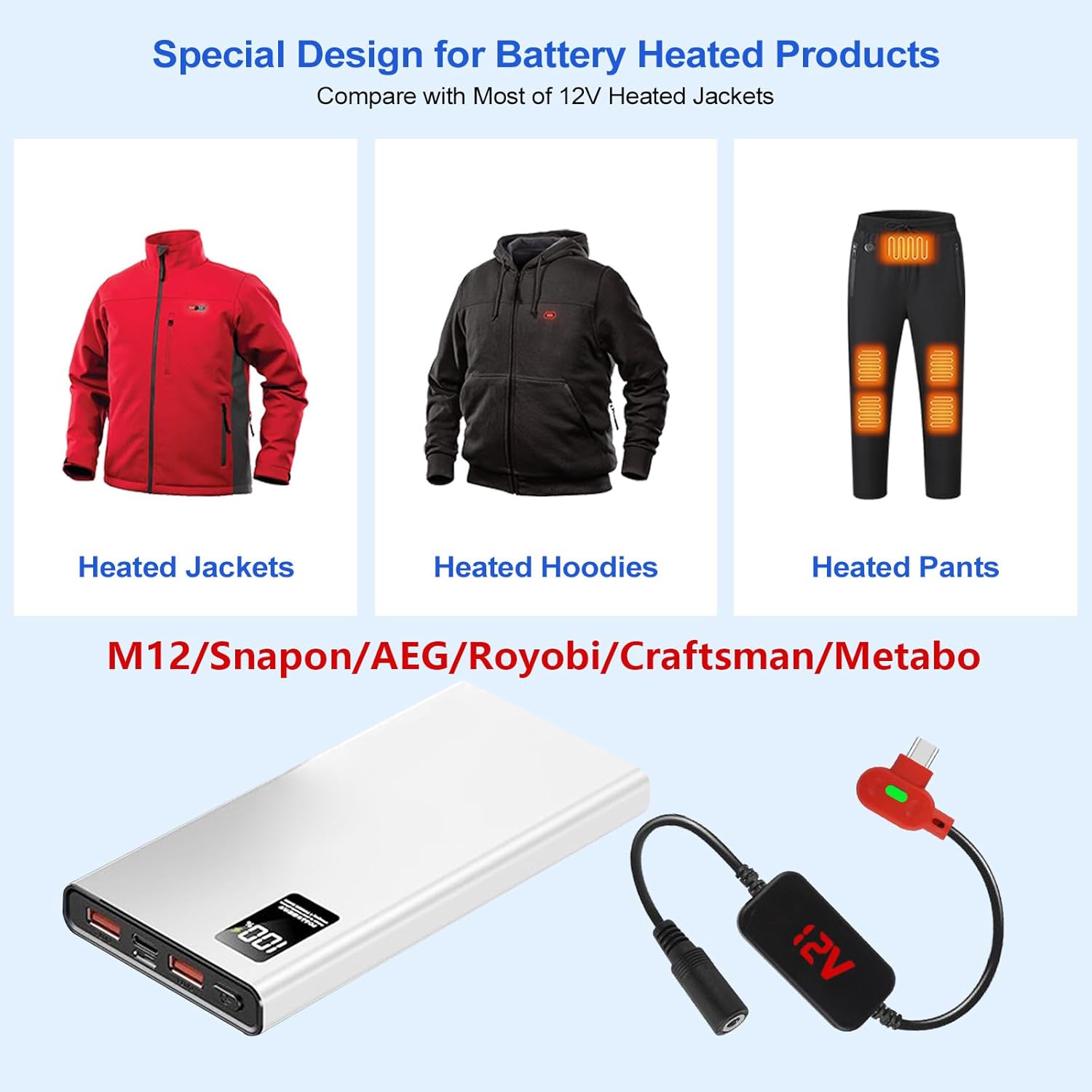 Heated Jacket Battery Replacement QC3.0 PD Power Bank with Type C to DC5.5mm Output 12V Step-Up Adapter Battery Cable for Milwaukee M12,Makita, Snap-on, Metabo, Craftsman, AEG