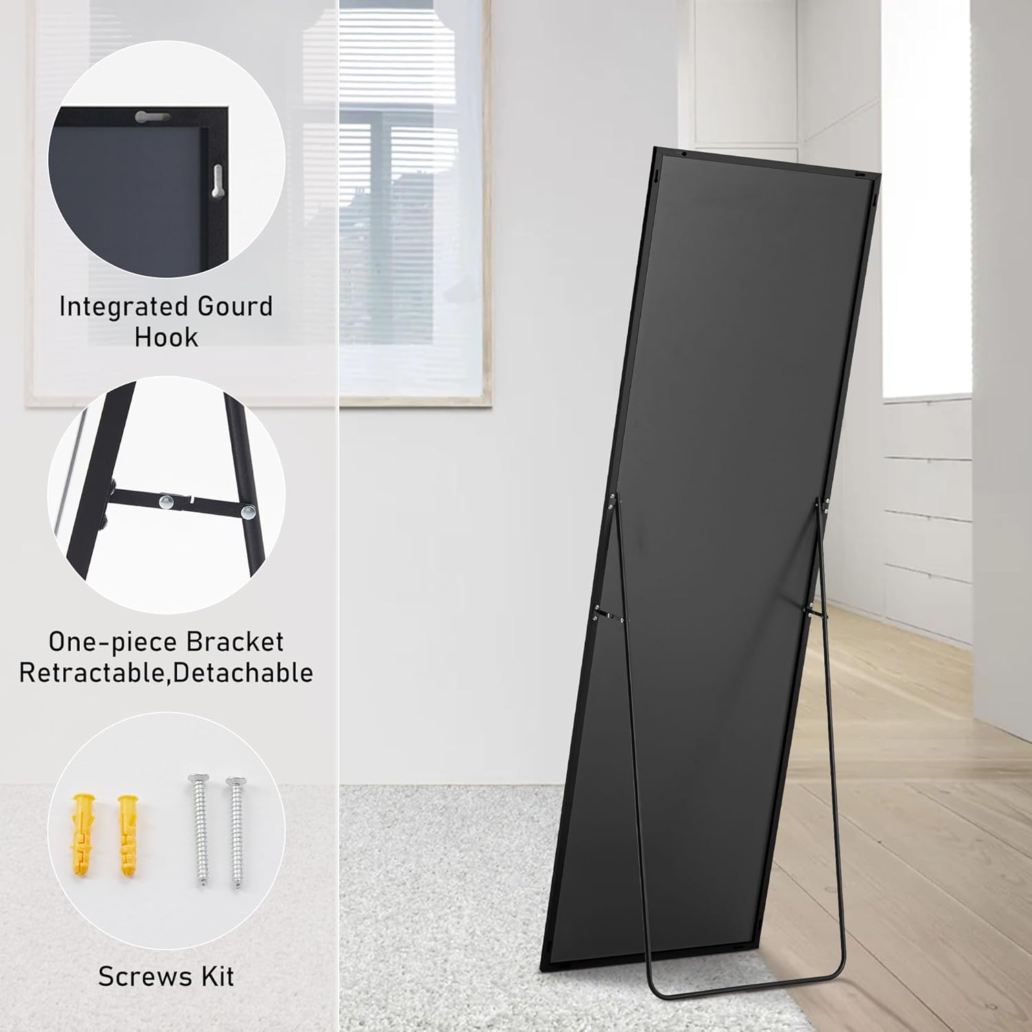 Sweetcrispy 65"x21" Full Length Body Floor Mirror Standing Hanging or Leaning Against Wall, Large Wall Mirror with Stand Aluminum Alloy Frame for Bedroom, Black - Image 5
