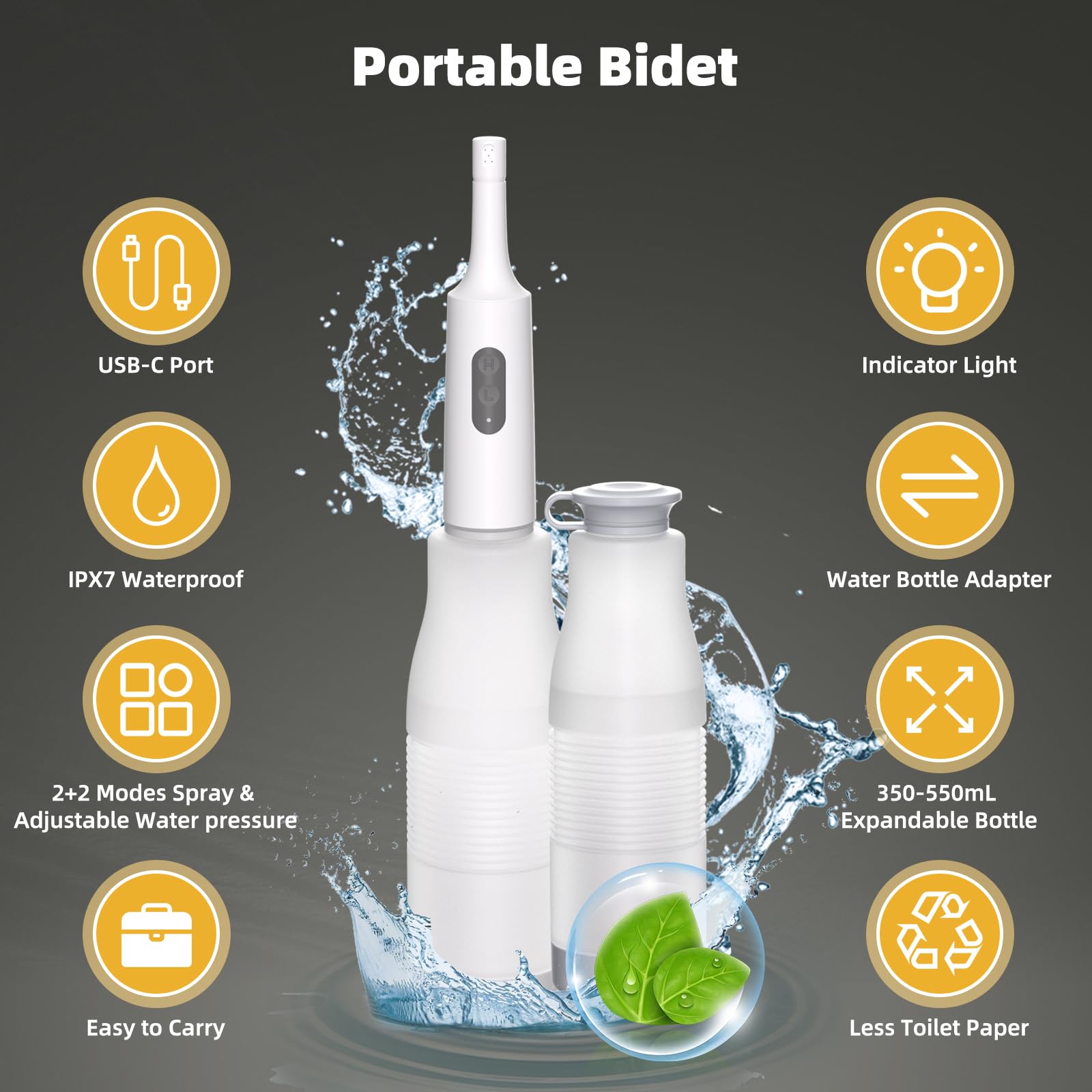 Hibbent Bidet portatile da viaggio, spruzzatore elettrico portatile ad alta pressione, bottiglia espandibile da 350-550 ml per igiene personale, ricaricabile USB-C, impermeabile, bidet da viaggio per