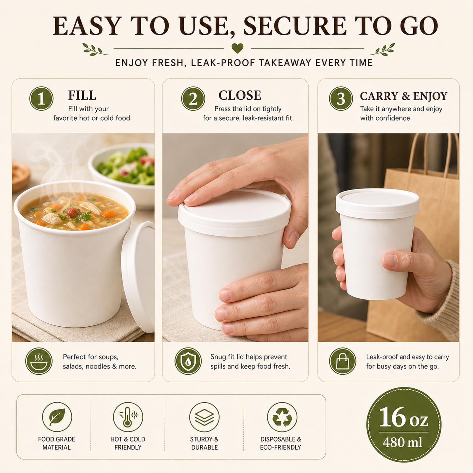 STARVAST 50 vasos de sopa de papel con tapa, 480 ml, vasos desechables con tapa, vasos con revestimiento interior de PLA, cuencos desechables para ensaladas, helados, sopa, café