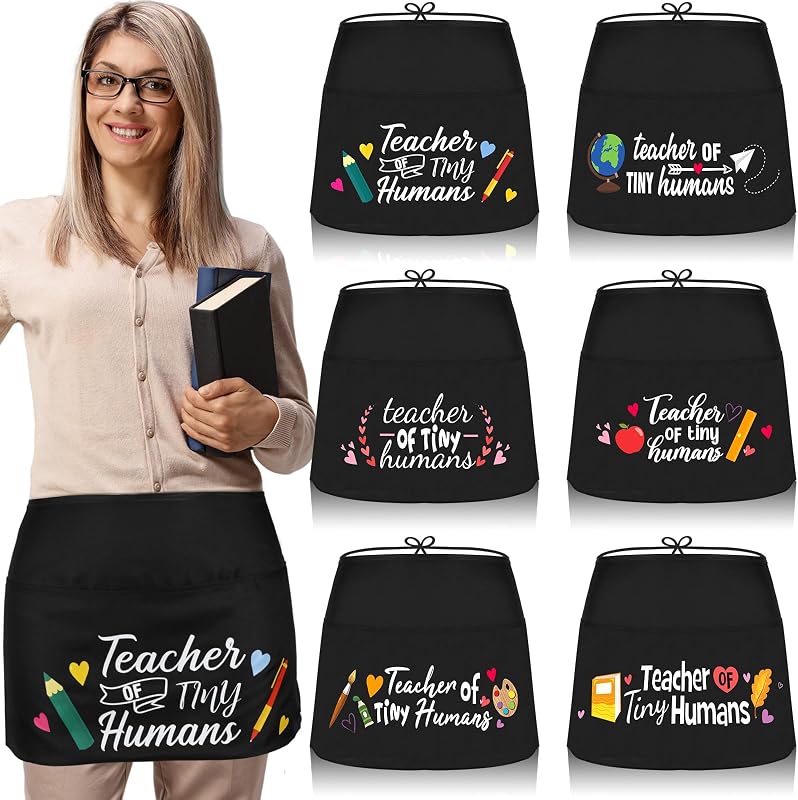 Newcotte 6 Pcs Half Apron for Teachers Waist Apron with Pockets Teacher Apron with Pockets Kindergarten Teacher Appreciation Gifts Waist Aprons for Teachers