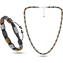 RTZN Triple Protection Bracelet & Beaded Necklace Set for Men Premium Artisan Handcrafted Tiger Eye, Black Obsidian & Hematite Gemstone Jewelry Bundle Adjustable Protection Stone Set