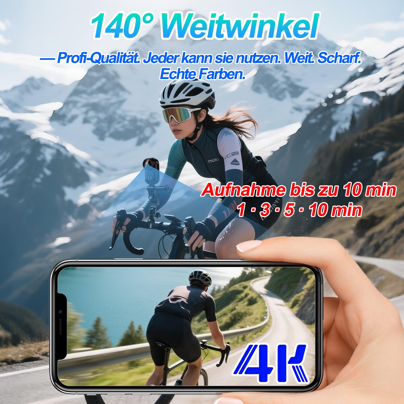 Mini Action Kamera 4K 44g Helmkamera Bodycam Motorrad Outdoor | 1,47 Zoll Display, Vertikalmodus, 140° Weitwinkel, IP65, Nackenband, für Helm Lenker Rucksack