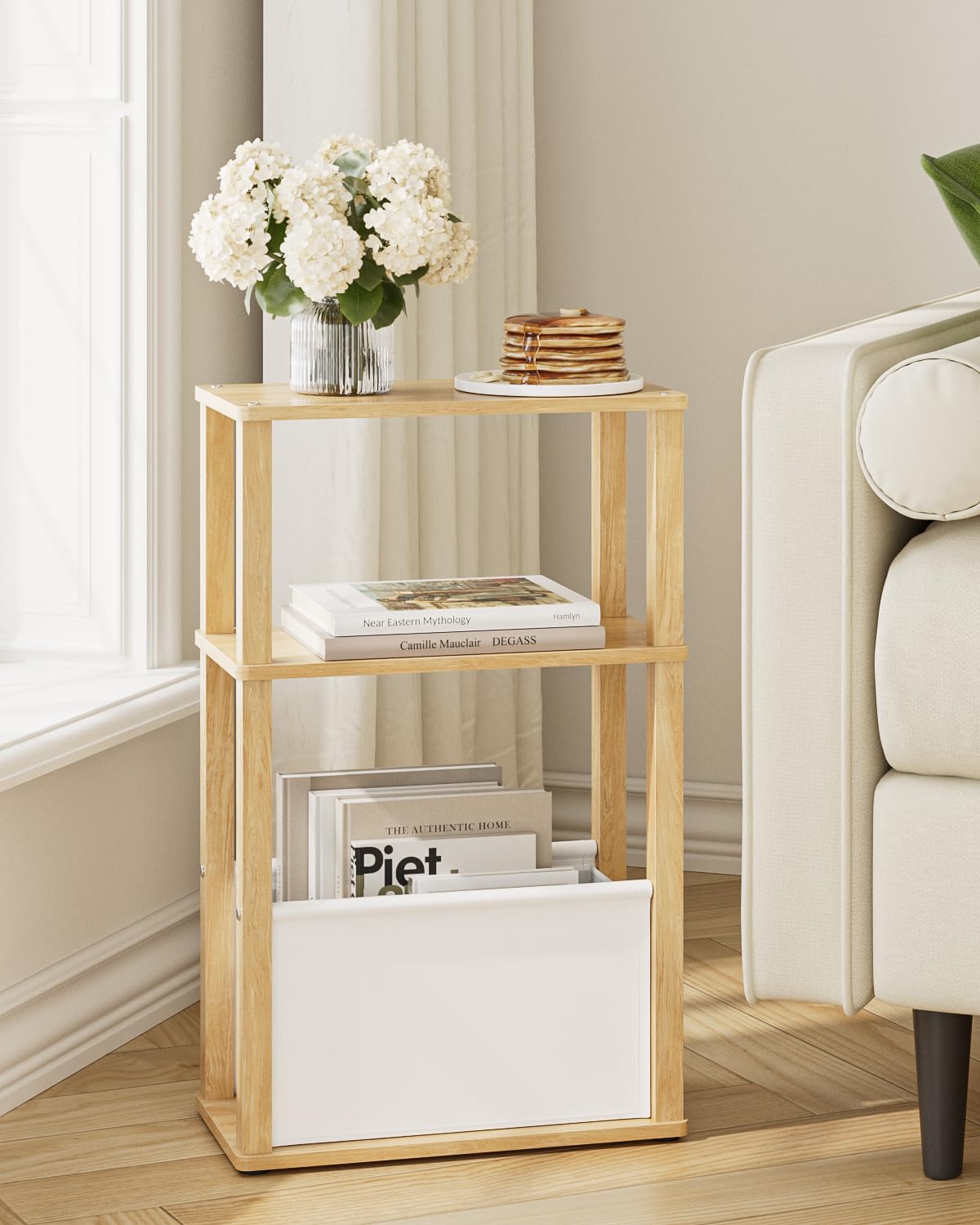 Apetaccat Narrow Side Table for Small Spaces, Slim End Table with Storage Basket, Small Bedside Table for Bedroom, Sofa Side Tables Living Room,Bathroom,Oak