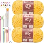 LUNARM Chenille Velvet Yarn, Soft Chunky Blanket Yarn for Crocheting 3*100g | Include 12pcs Big Eye Needles, 10pcs Stitch Markers for Hand Knitting Scarves, Clothes, Machine Washable-Yellow