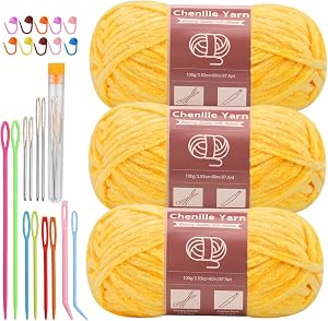 LUNARM Chenille Velvet Yarn, Soft Chunky Blanket Yarn for Crocheting 3*100g | Include 12pcs Big Eye Needles, 10pcs Stitch Markers for Hand Knitting Scarves, Clothes, Machine Washable-Yellow