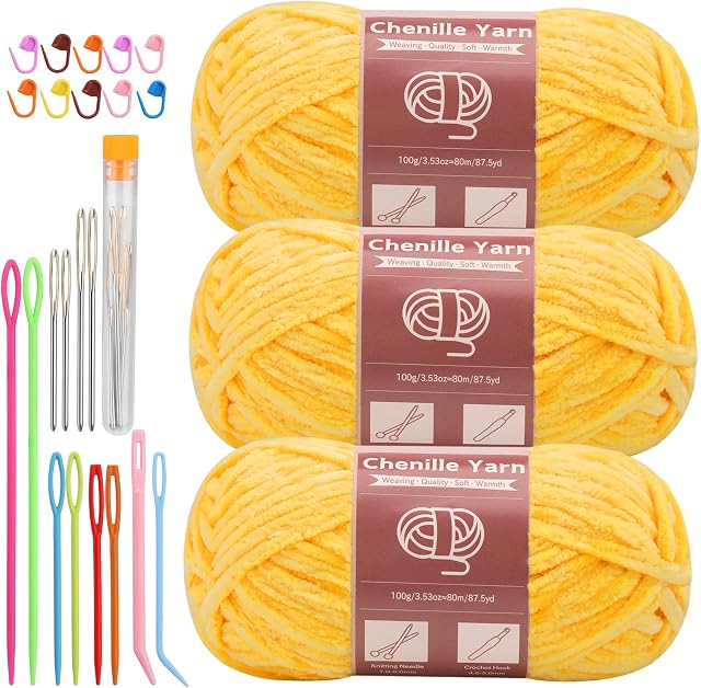 LUNARM Chenille Velvet Yarn, Soft Chunky Blanket Yarn for Crocheting 3*100g | Include 12pcs Big Eye Needles, 10pcs Stitch Markers for Hand Knitting Scarves, Clothes, Machine Washable-Yellow