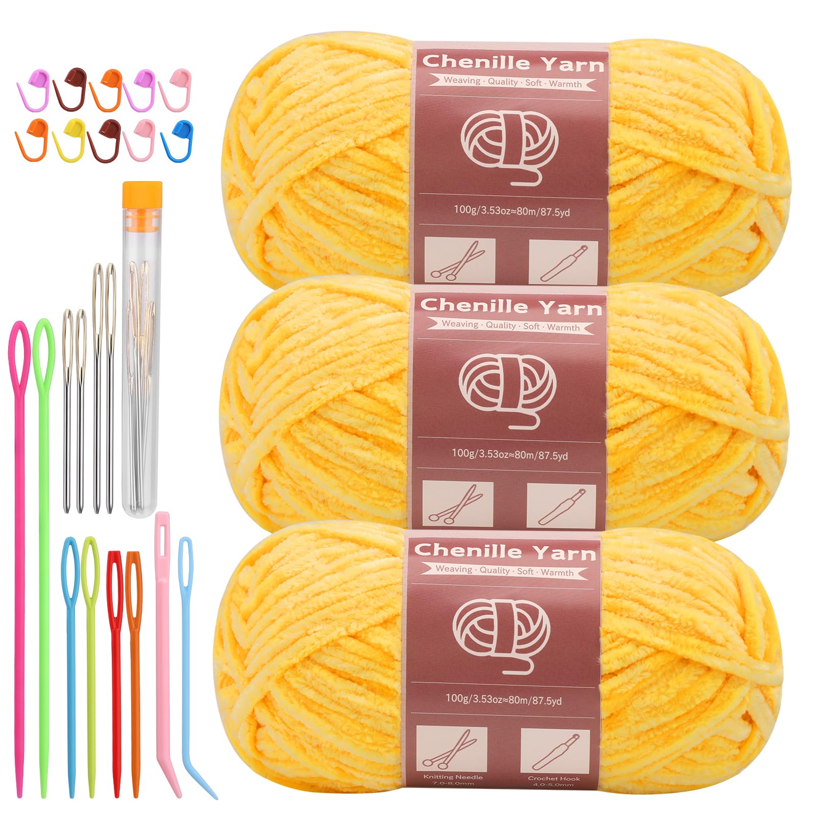 LUNARM Chenille Yarn 3 Pack 3.5oz Chunky Blanket Velvet Yarn 263 Yard | Yellow Velvet Chunky Chenille Yarn for Beginners Crocheting Hand Knitting Scarves with Big Eye Needles Machine Washable