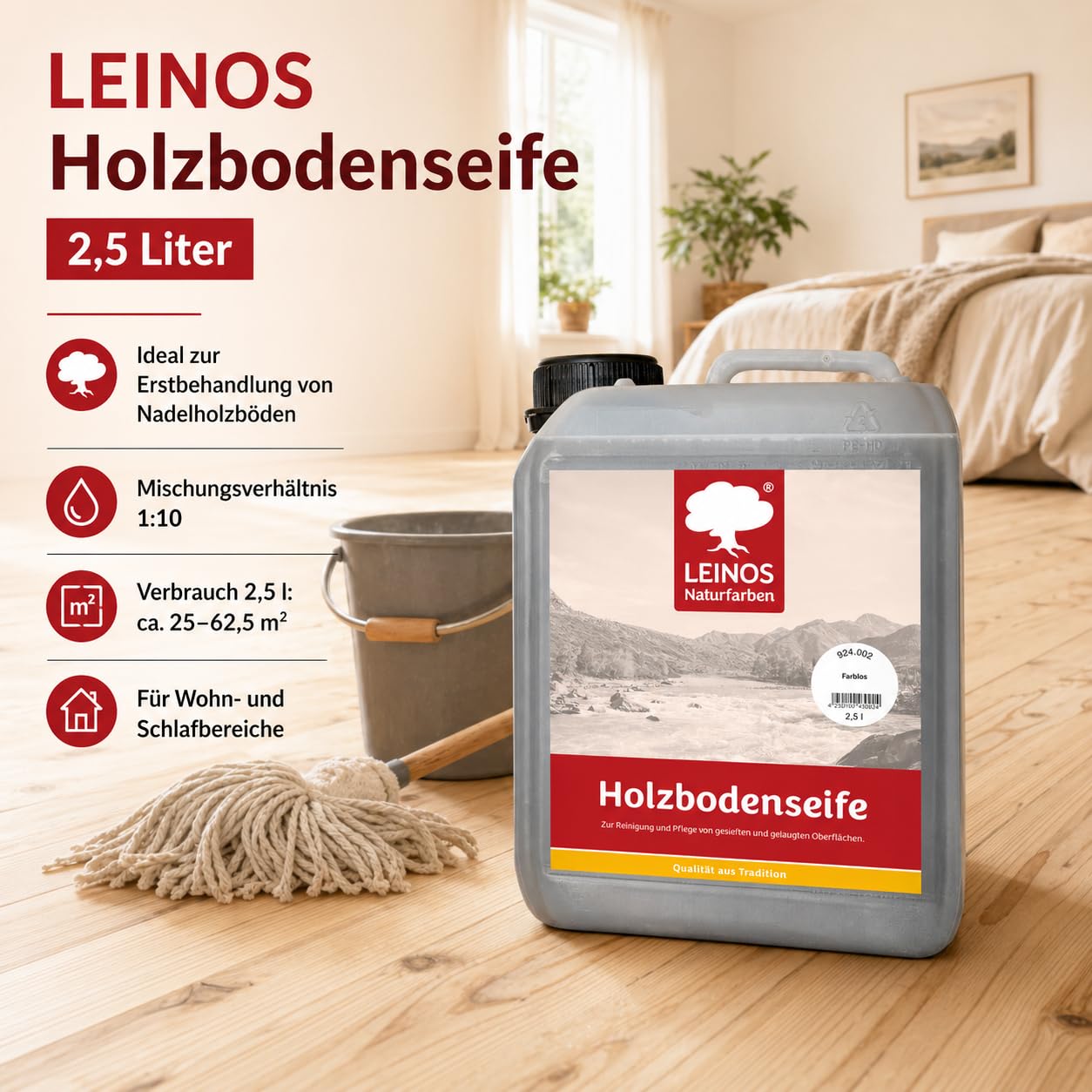 LEINOS Holzbodenseife 924 farblos 2,5 Liter– Erstbehandlung & Unterhaltsreinigung für gelaugte/geseifte Weichholzböden | rückfettend, hochkonzentriert | für Innenflächen