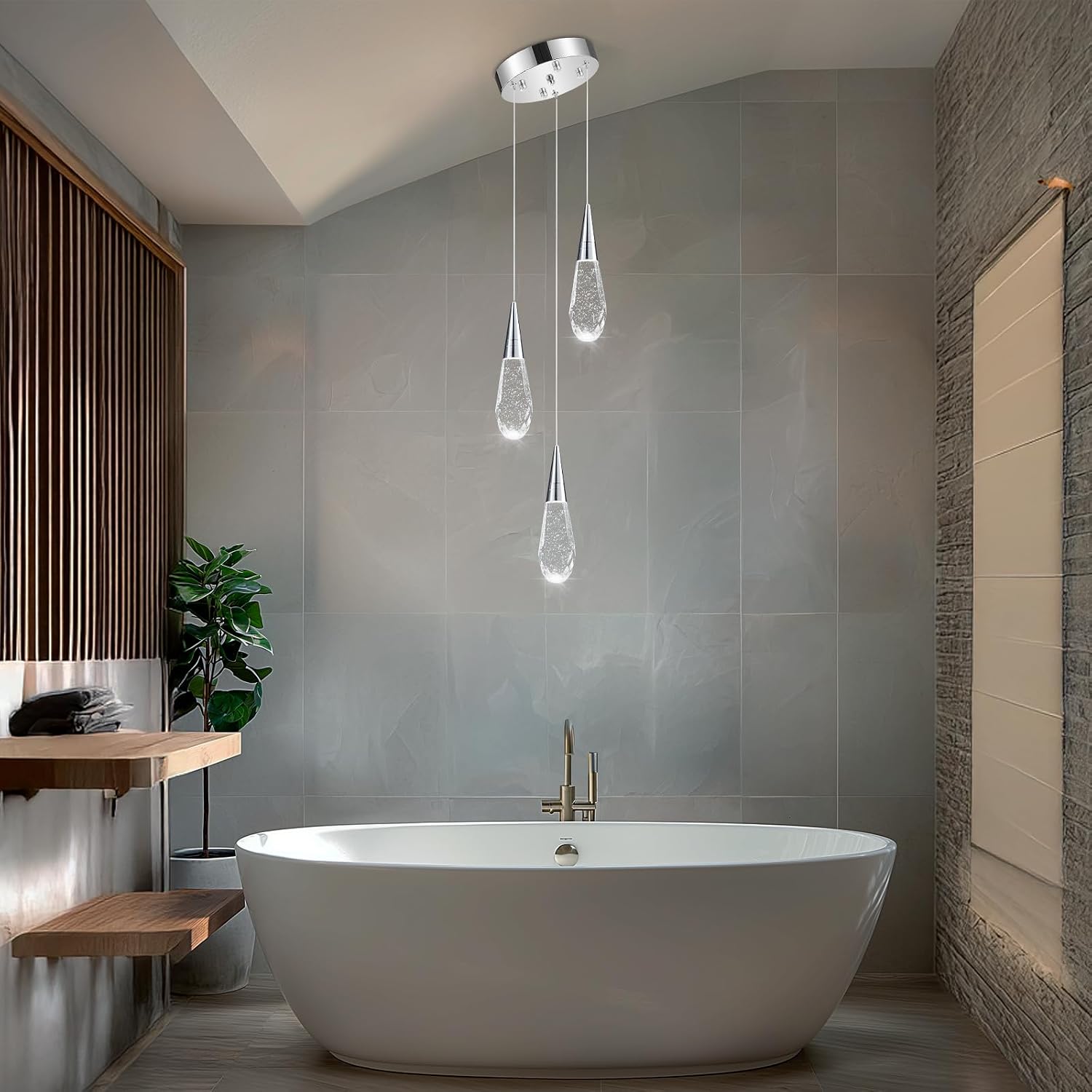 3-Light Modern Crystal Chandeliers 3-Way Dimmable Long Pendant High Ceiling Bubble Raindrop Lighting Fixture for Staircase Foyer Entryway Bedroom Dining Room Chrome