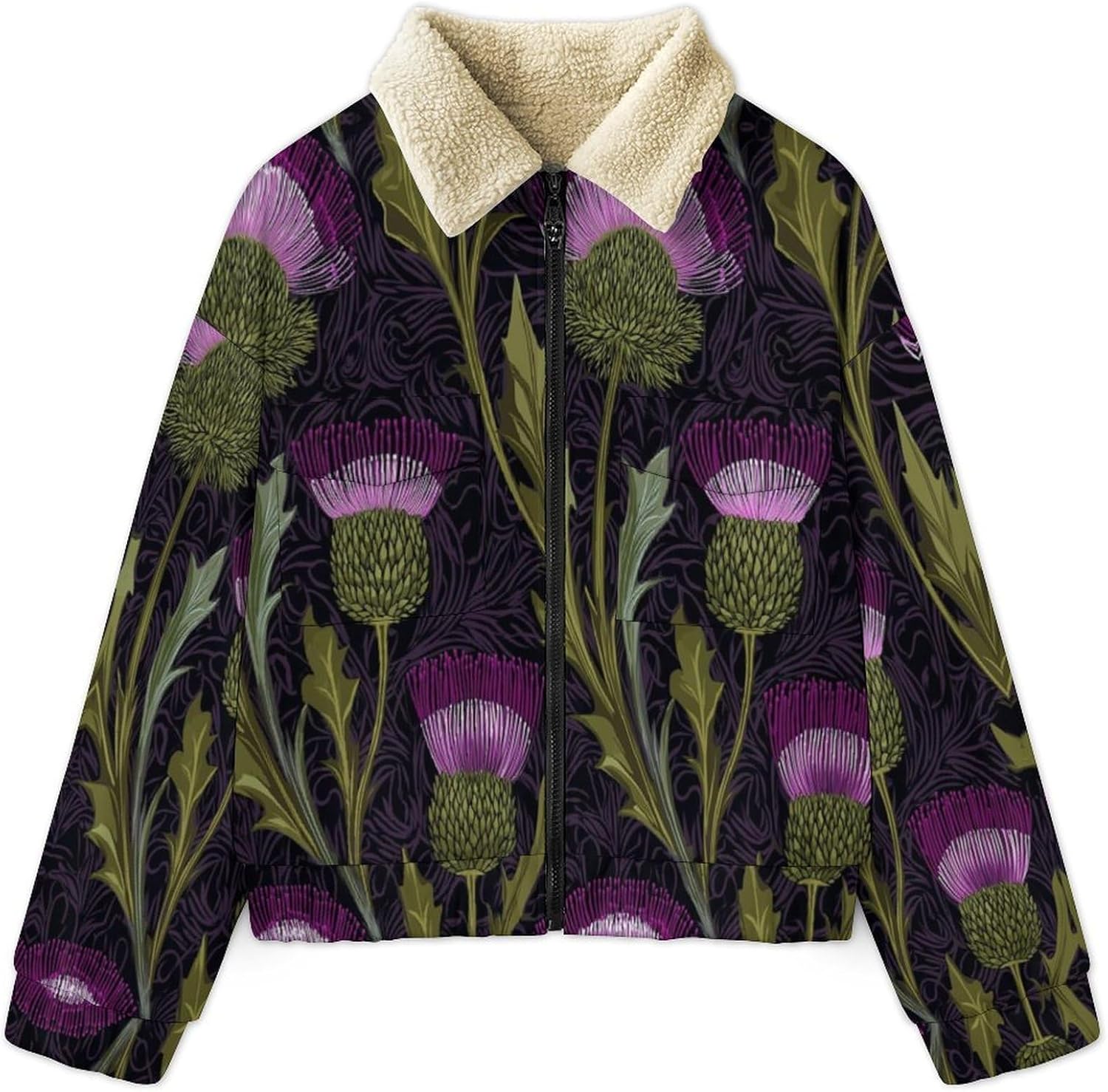 Women's Full Zip Soft Polar Fleece Jacket, Thistle Printed Outdoor Recreation Coat, Long Sleeve Outerwear