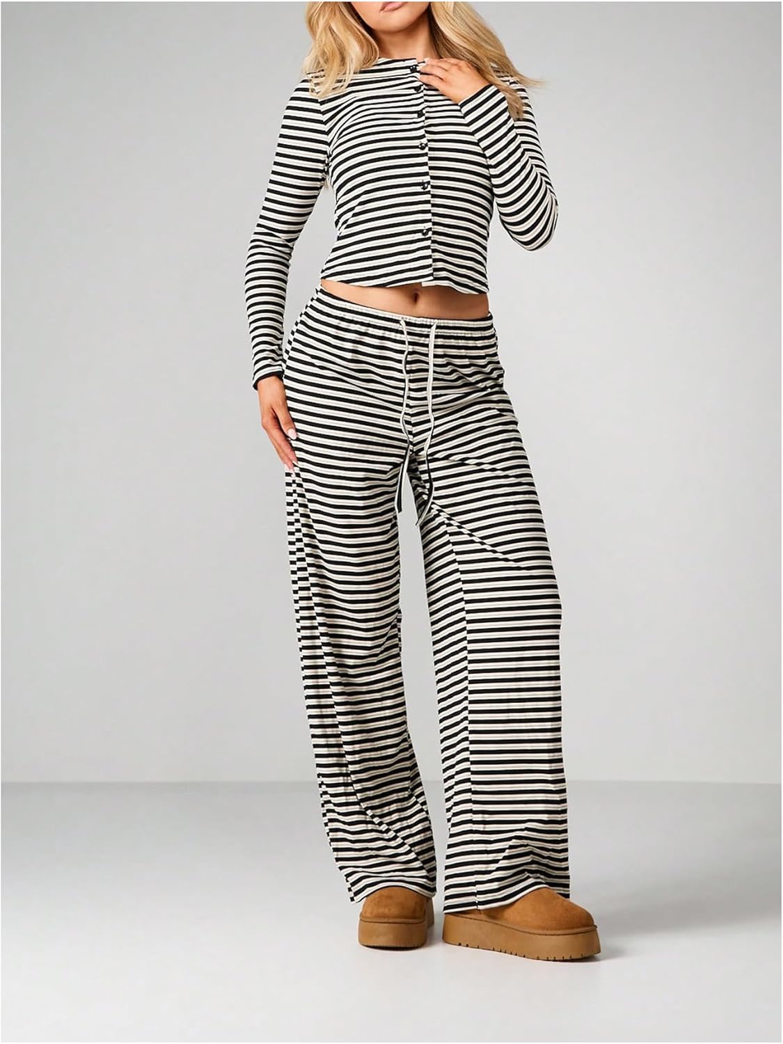 SweatyRocks Women's Striped 2 Piece Outfit Button Down Long Sleeve Knit Top Set Leisure - Image 3