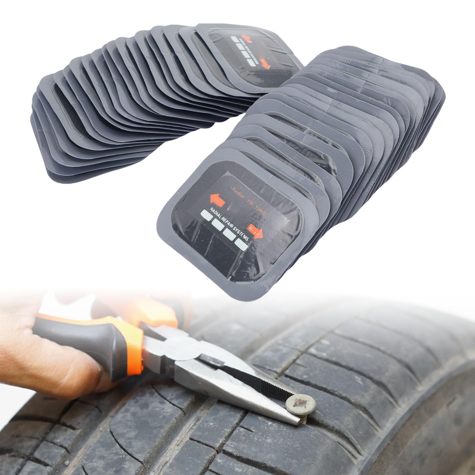 40 Piezas de Parches para Reparar Neumáticos Radiales, Kit de Parches de Goma Universal de 65x80 mm, para Coche, Motocicleta, Camión, Tractor y Otros Vehículos con Pico en el Neumático