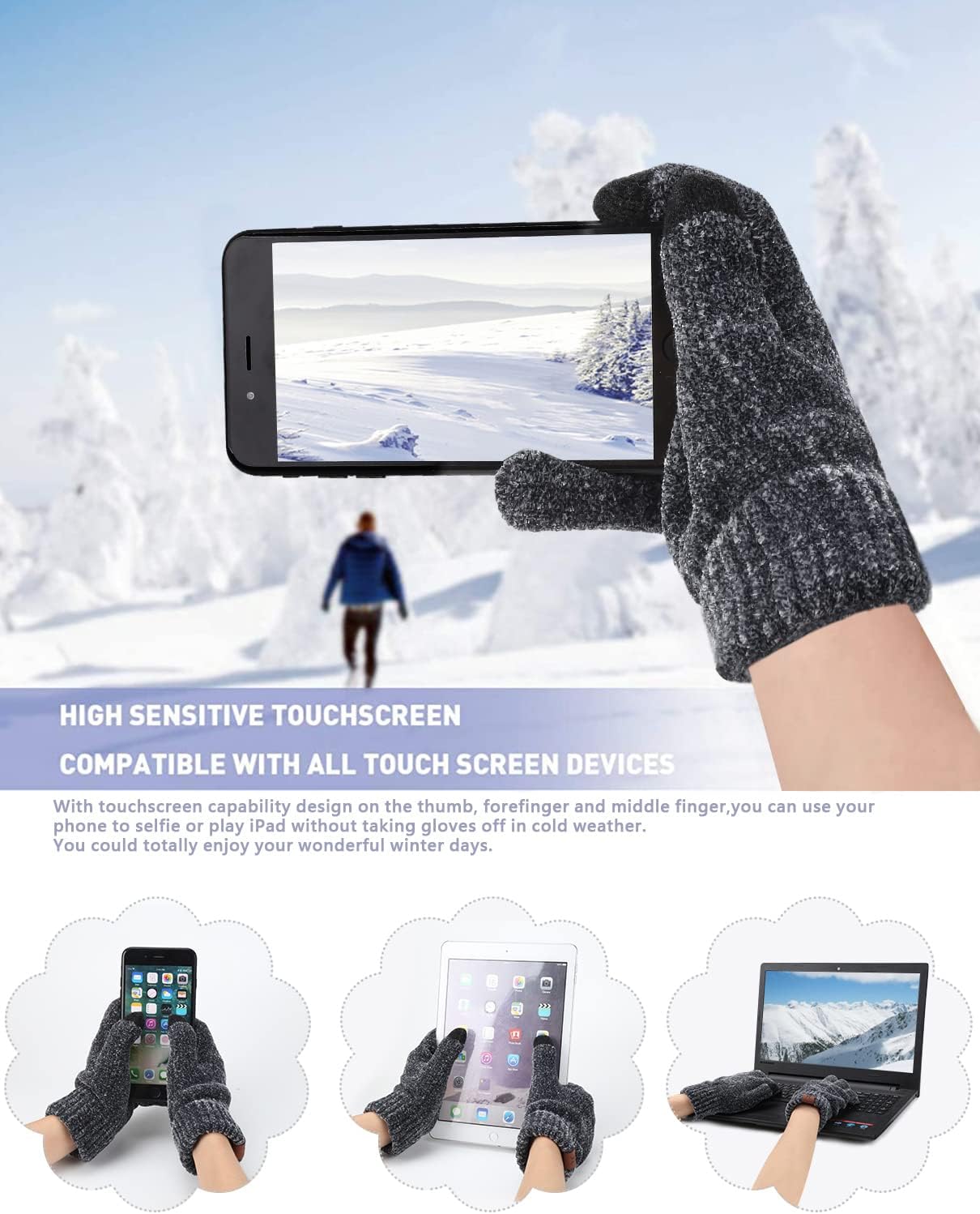 Womens Winter Knit Warm Hat Beanie Long Scarf Touch Screen Gloves Set Skull Caps Neck Scarves for Women - Image 3