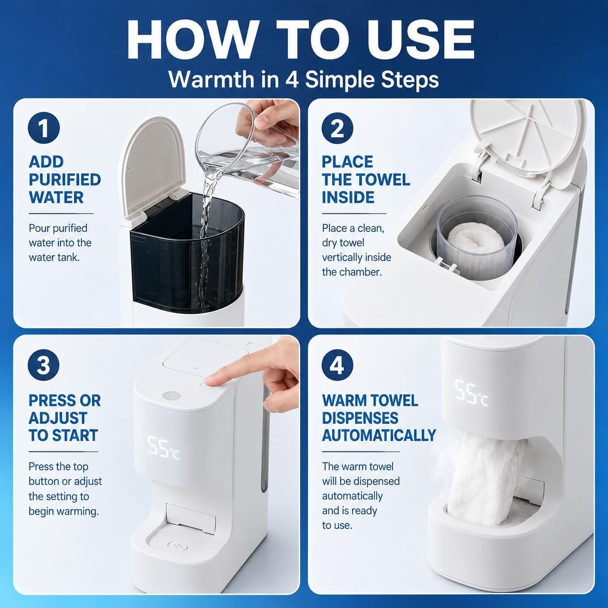 Dispensador automático de toallas calientes a 55 °C, calentador de toallas con depósito de 400 ml