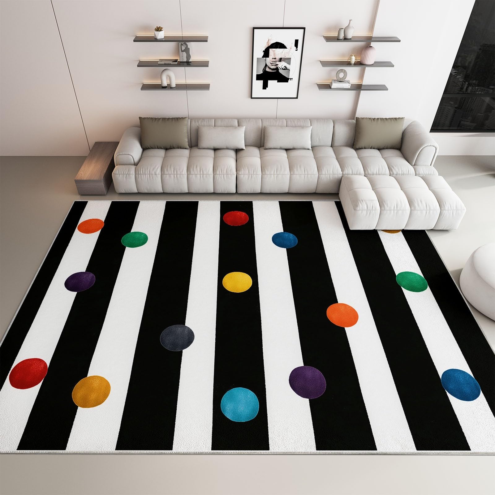 Générique Tapis Salon Lavable Pois rayés Noirs et Blancs 180x240cm Tapis Poil Ras Intérieur Moderne, Antidérapant et Résistant, Décoration pour Chambre Cuisine Bureau Maison