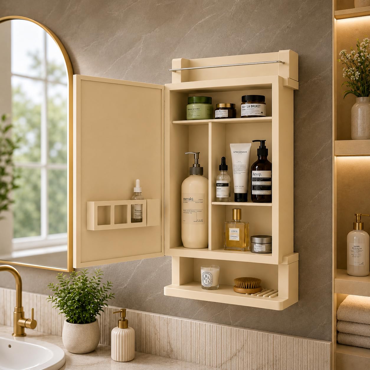 KRELIX Plastic Premium Multipurpose Wall Mounted Storage Cabinet with Mirror β Space-Saving Bathroom & Bedroom Organizer, Sleek Modern Design (Ivory)