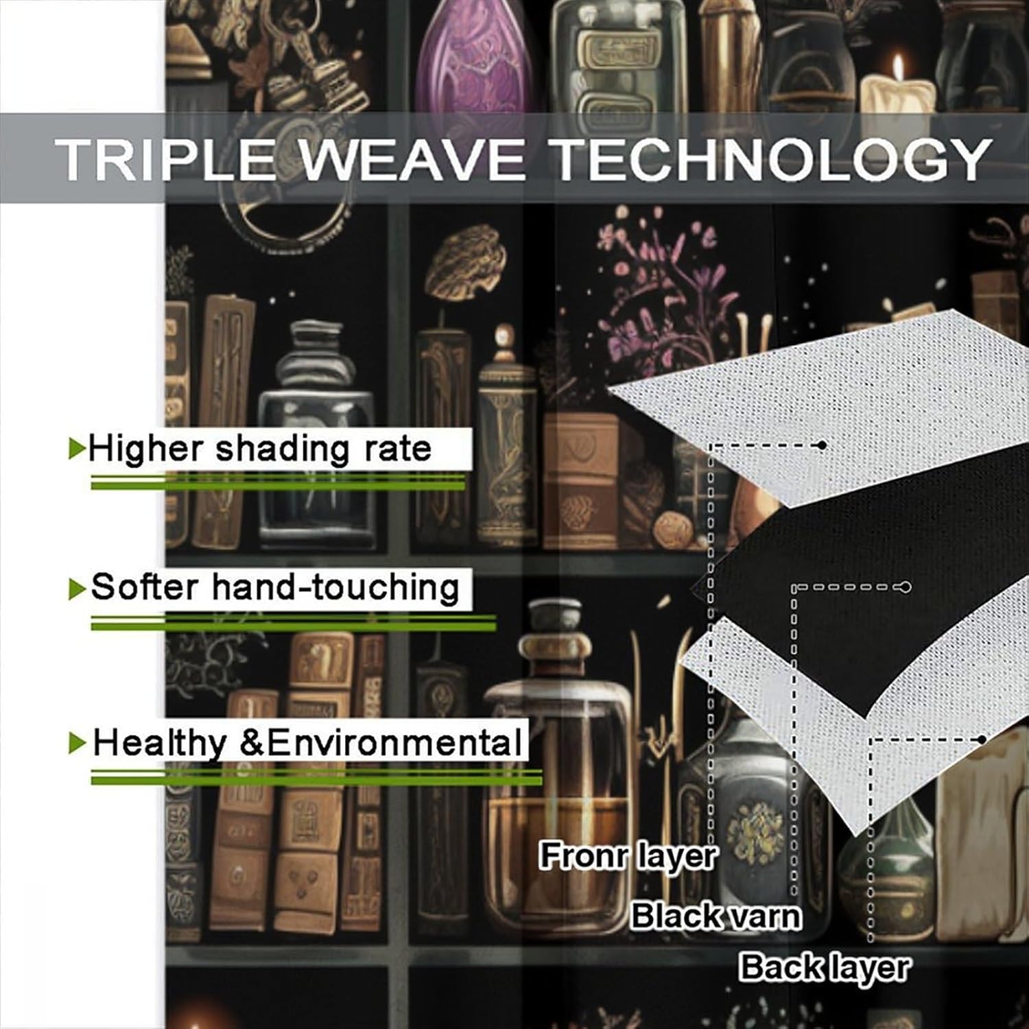 Gothic Library Book Blackout Curtains for Bedroom Living Room, Retro Bookshelf Skull Floral Candles Thermal Insulated Room Darkening Curtain - 72" L x 63" W