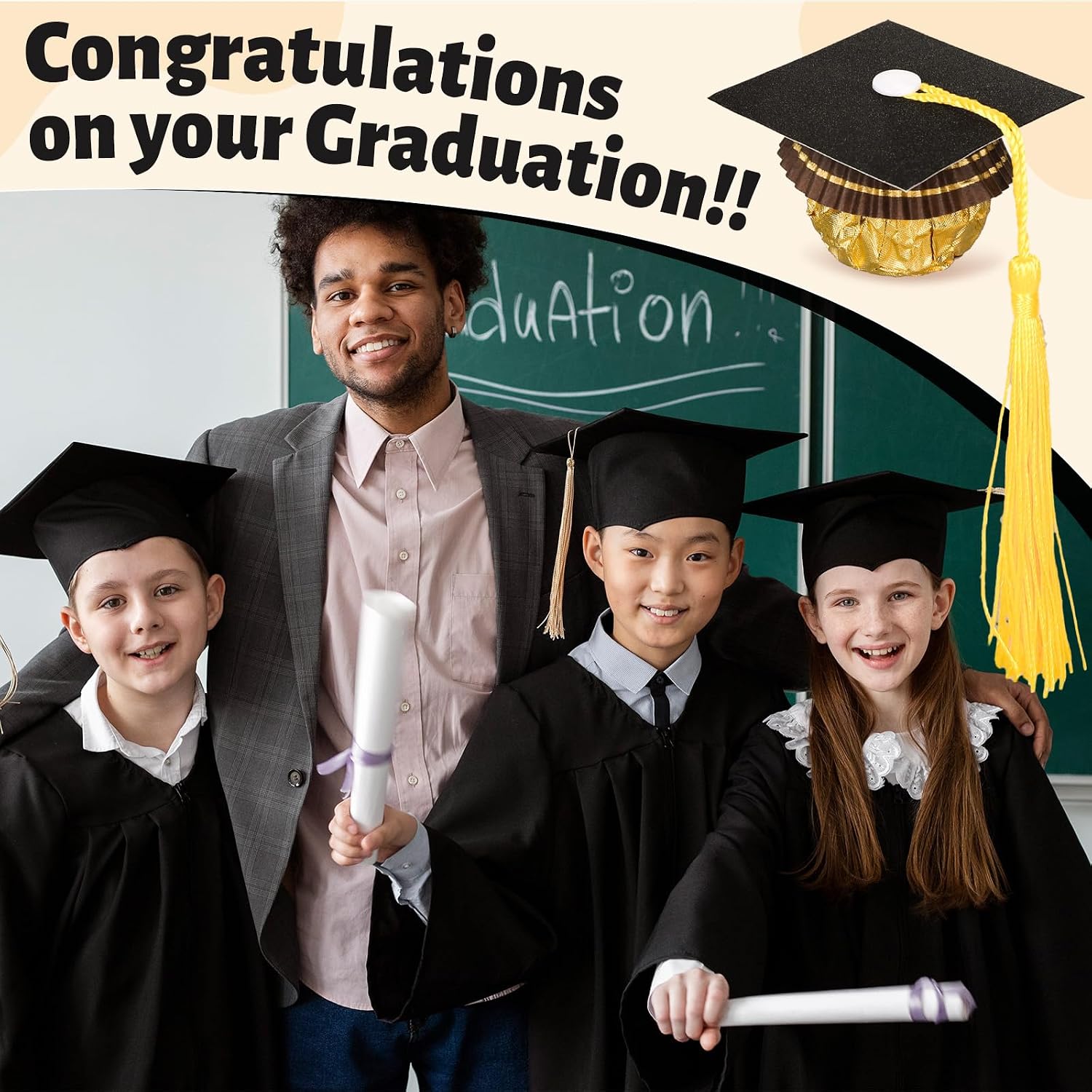FYSUIMU 60 Sets Graduation Cap Chocolate Decoration Congrats Grad Cupcake Topper Mini Black Grad Hat with Tassel Star Stickers Glue Points for Graduates Party Supplies