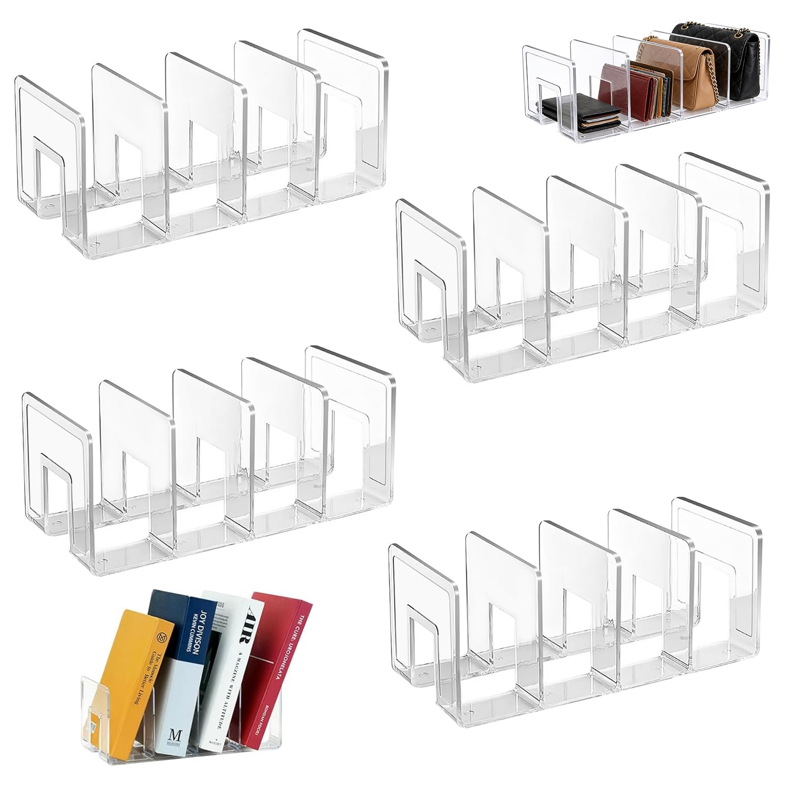 4PCS Archivadores Oficina de Transparente, SHAIDOJIO Clasificador Documentos de Acrílico-32cm, 4 Secciones Organizador Bolsos Armario para Libros Bolsos Billeteras Bebida Estudio de la Sala de Estar