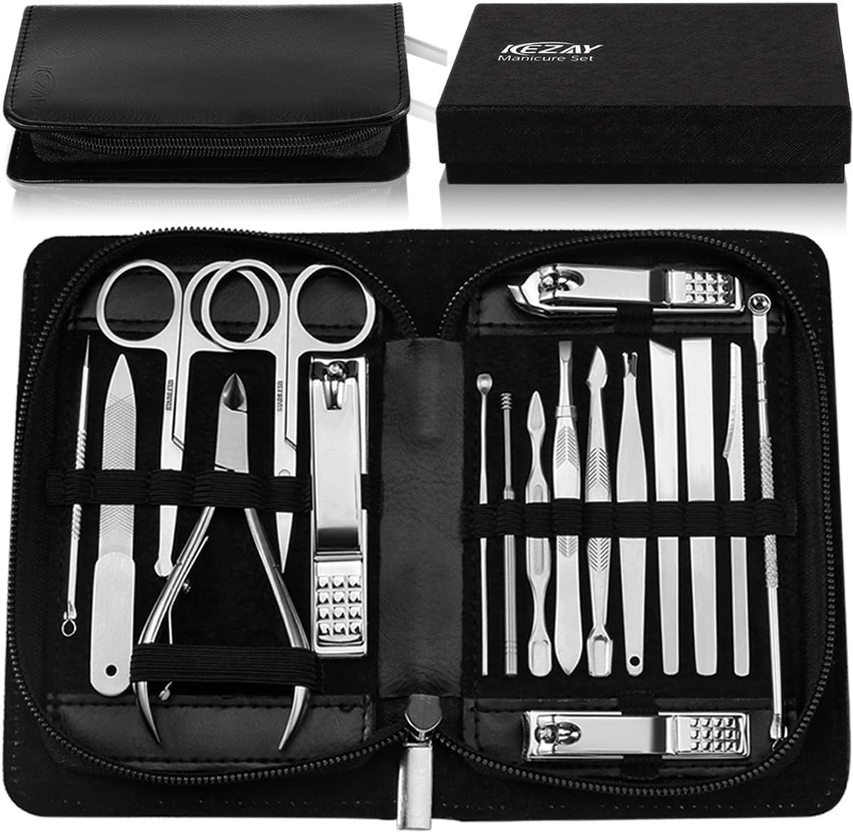 Manicure Pedicure Set 18 in 1,Stainless Steel Grooming Kit Include Nail Clippers Set and Pedicure Tools with Best Leather Travel Case and Gift Box for Women Men or Family