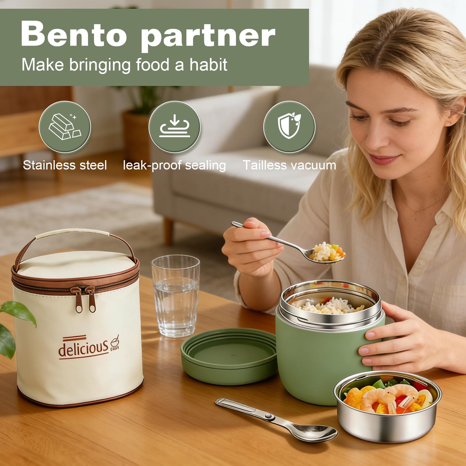 Contenitore termico per alimenti, 1200 ml: contenitore termico a doppia parete, in acciaio inox, a prova di perdite, con coperchio, termico, per ufficio, scuola, attività all'aperto (verde