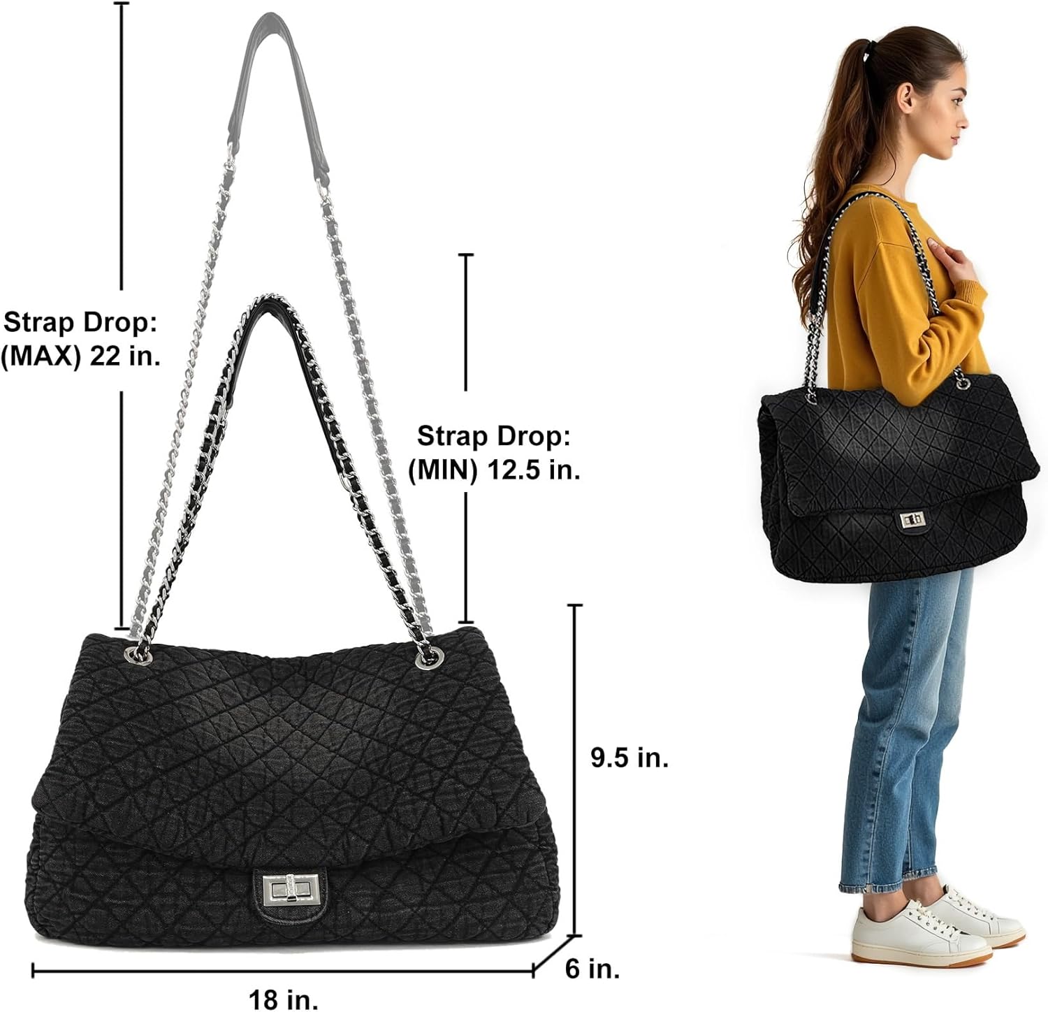 Extra Large Quilted Denim Purse,Oversize Shoulder Bags for Women, Crossbody Flap Hobo Tote Bag,Chain Strap Jean Purse - Image 6