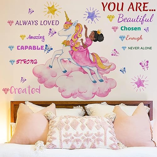 Miniatura 9 de Suplante - Calcomanía de pared de niña negra y unicornio, diseño de princesa afroamericana con texto positivo, para dormitorio de niñas, decoración