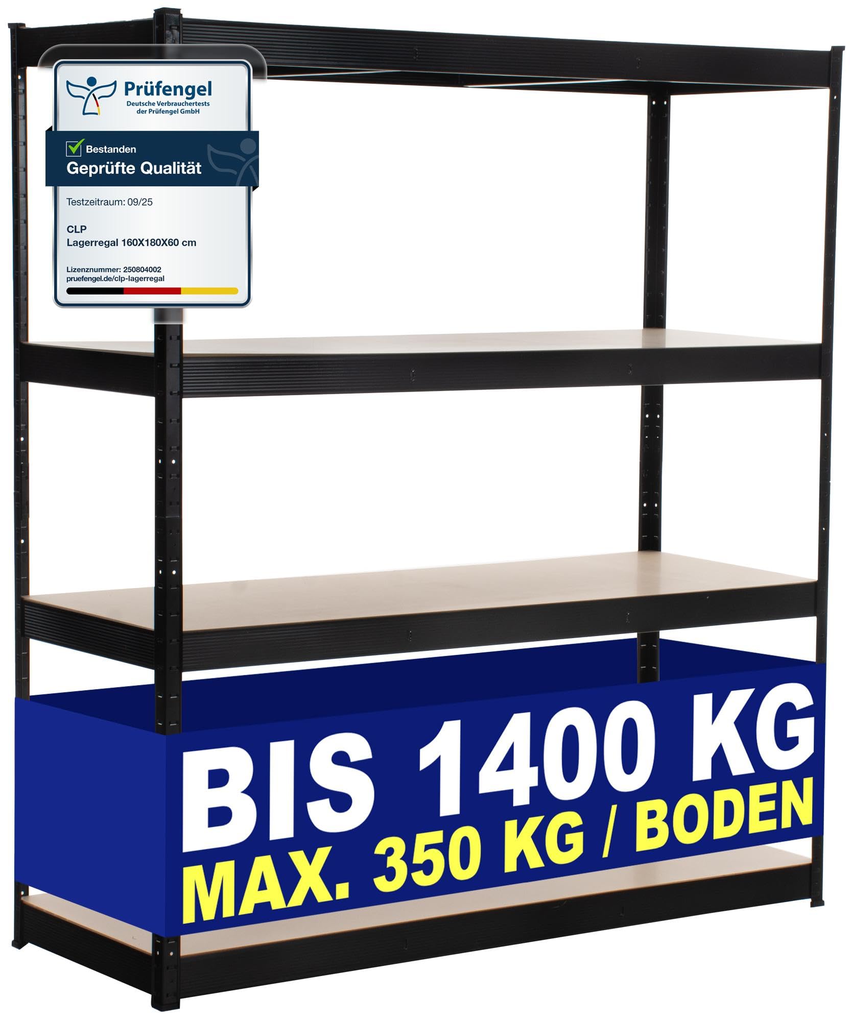 CLP Estantería Metálica de Almacenaje 160x60x180 cm Galvanizado I Capacidad por Estante 350 kg I Estantería de 4 estantes I Bastidor de Almacen, Color:Negro