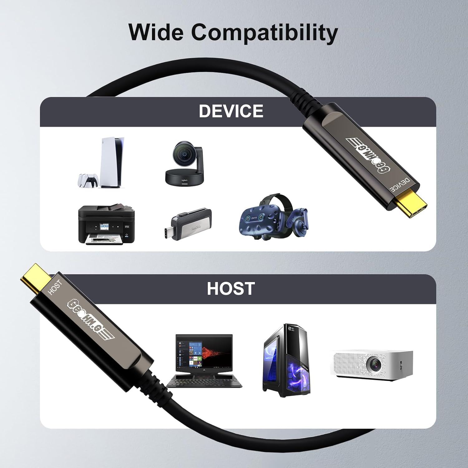 GeoHN.G USB C to C Fiber Optic Cable 50M/165FT, USB 3.2 10Gbps Long Distance Data Transfer USB C Extension Cable for VR, Camera, Mini PC, Laptop, Webcam, Printer and More 50M-Straight 180° image 2 of 6 B0DY7KXTD6