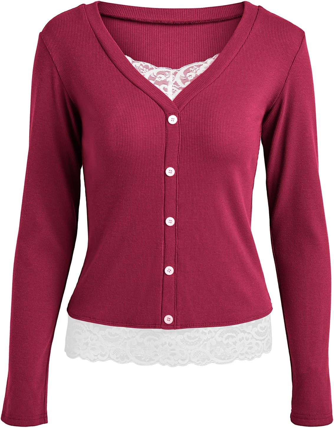 Womens Lace Long Sleeve Top Paneled Henley Shirts Y2k 2000s Fitted Going Out Tops Blouse - Image 6