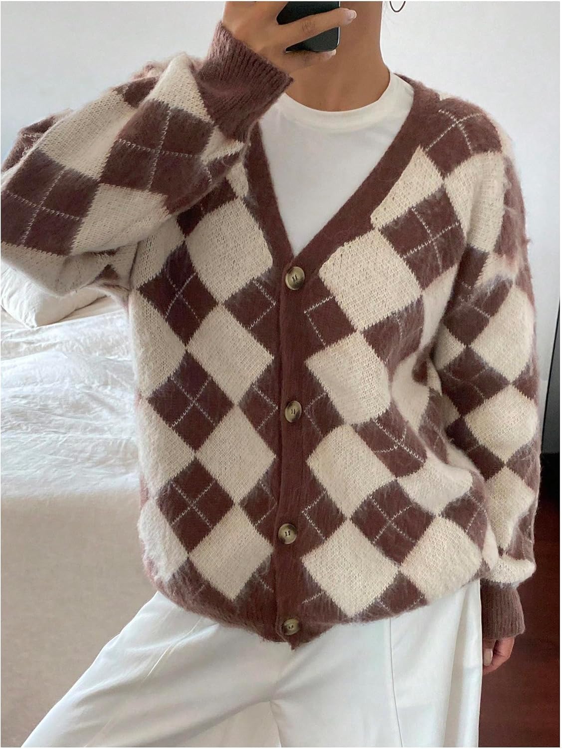 MakeMeChic Women's Oversized Checkered Sweaters Button Down Long Sleeve Argyle Knitted Outerwear - Image 2