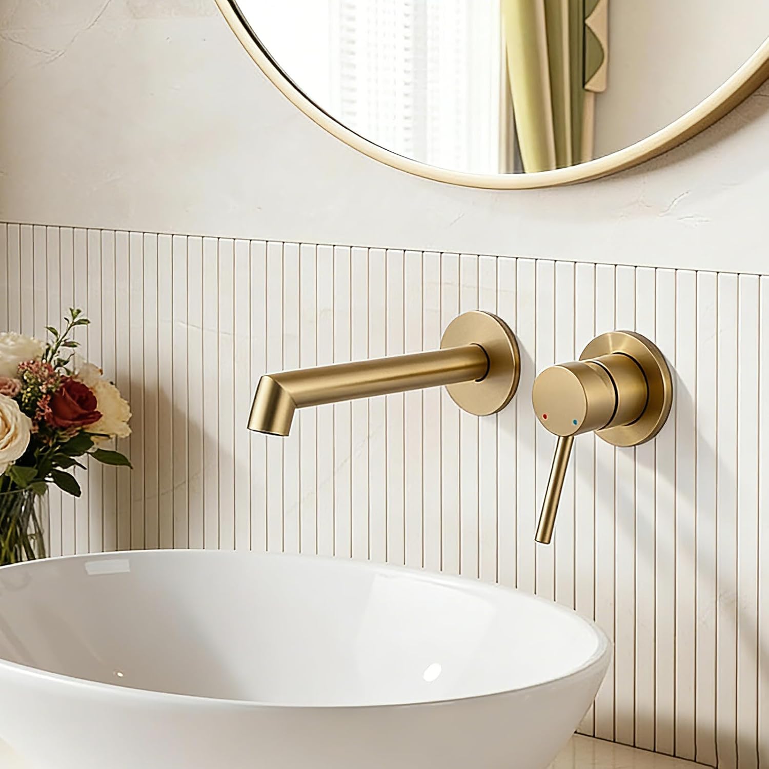 Bathroom Faucets Wall Mount Sink Faucet Single Handle Brass Basin Faucet for Restroom Vanity Lavatory Centerset Wall Mounted Vessel Faucets Modern Tap with Rough in Valve Brushed Gold