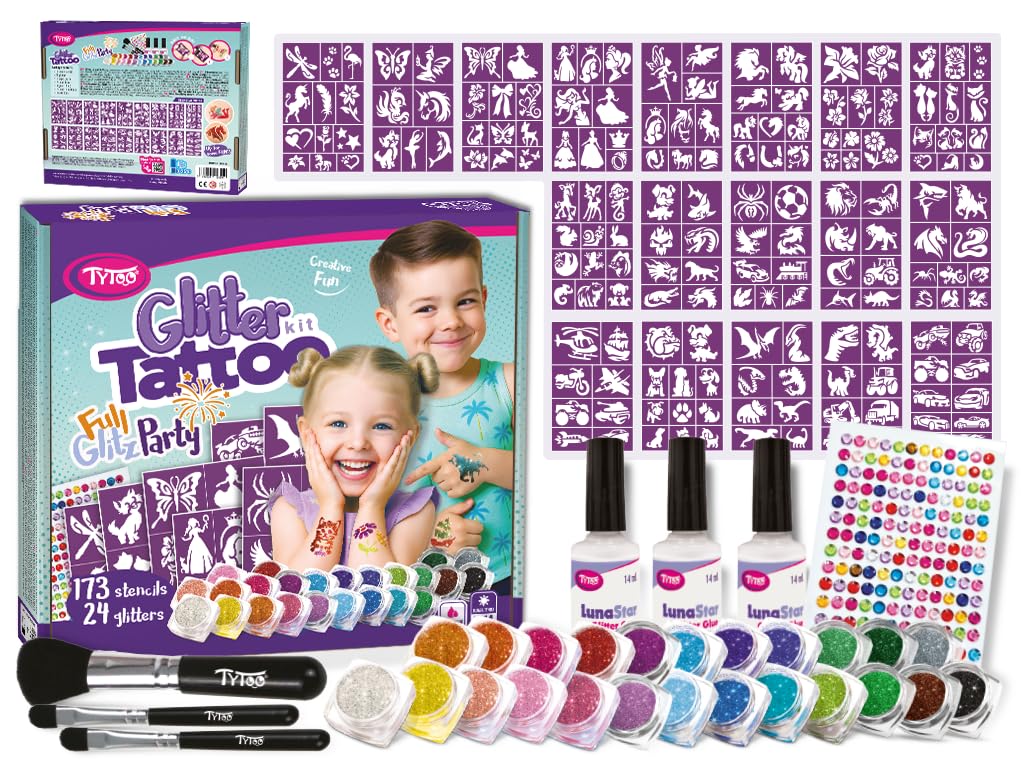 TyToo GlitzParty zestaw brokatowych tatuaży dla dzieci, szablony i kolory brokatu, przyjazny dla skóry, wodoodporny, testowany dermatologicznie, zestaw do makijażu na urodziny i imprezę rodzinną (Full